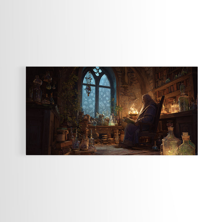 Wizard Library Wall Art, Dark Academia Fantasy Canvas Print, Magical Book Nook Decor, Cozy Reading Room Gift For Book Lover