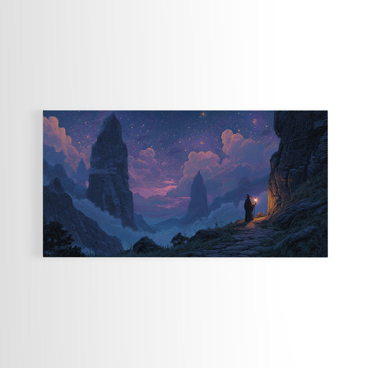 Starry Mountain Pass Canvas Print, Wizard Journey Wall Art, Fantasy Landscape Decor, Purple Night Sky Art Print For Bedroom