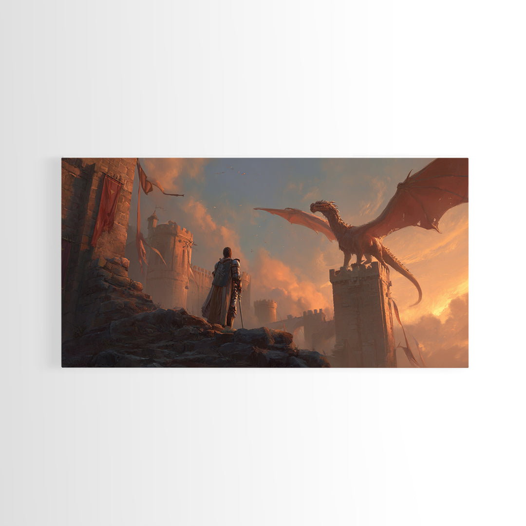 Dragon Over Castle Ramparts Canvas Print, Epic Fantasy Wall Art, Medieval Knight Decor, Dark Academia Gift For Him, Large Statement Artwork