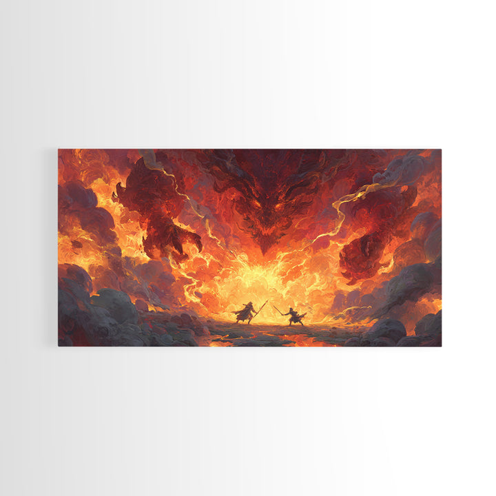 Fiery Demon Battle Scene Canvas Print, Dark Fantasy Wall Art, Dragon Artwork, Gothic Decor, Gaming Room Statement Art, Large Wall Art