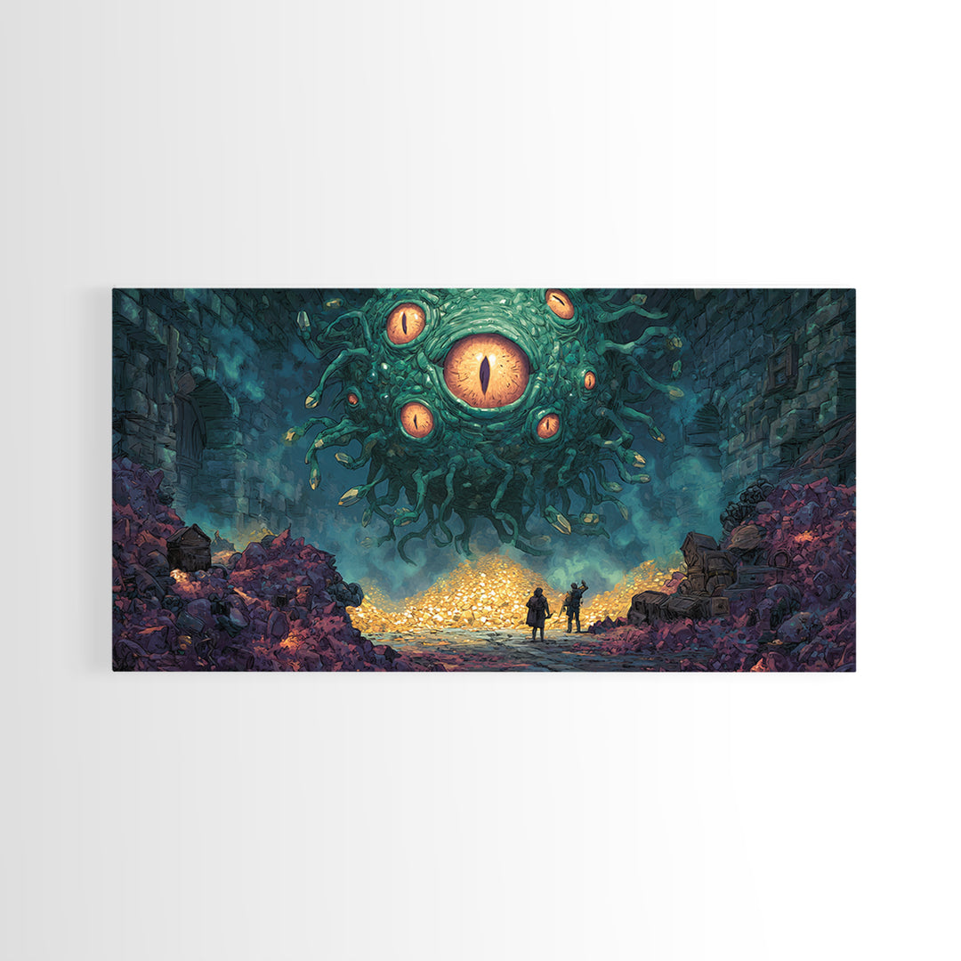 Floating Eyed Monster Over Gold Hoard Canvas Print, Dark Fantasy Wall Art, Dungeon Decor, Gaming Room Art, Gift For Gamer