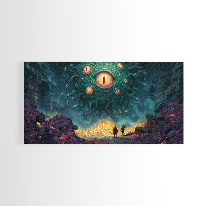 Floating Eyed Monster Over Gold Hoard Canvas Print, Dark Fantasy Wall Art, Dungeon Decor, Gaming Room Art, Gift For Gamer