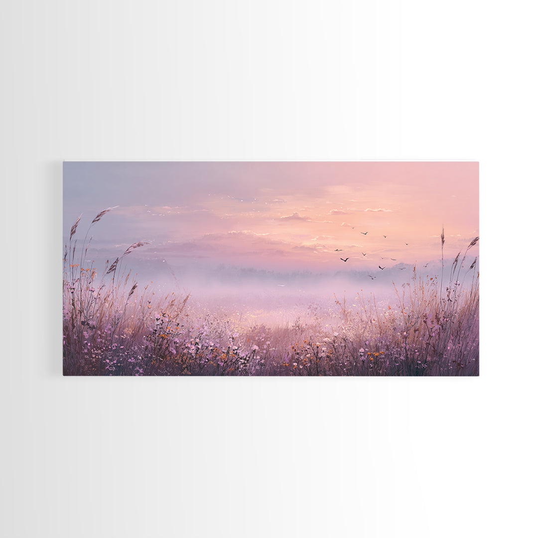 Misty Pink Sunrise Meadow Landscape Wall Art, Wildflower Canvas Print, Nature Wall Decor, Calming Bedroom Decor Gift For Her