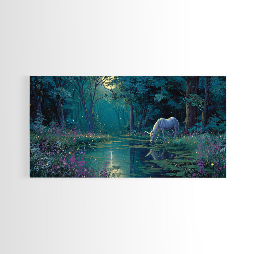 Moonlit Unicorn Forest Pond Wall Art, Enchanted Fantasy Landscape Canvas, Whimsical Nursery Decor, Magical Gift For Her Art