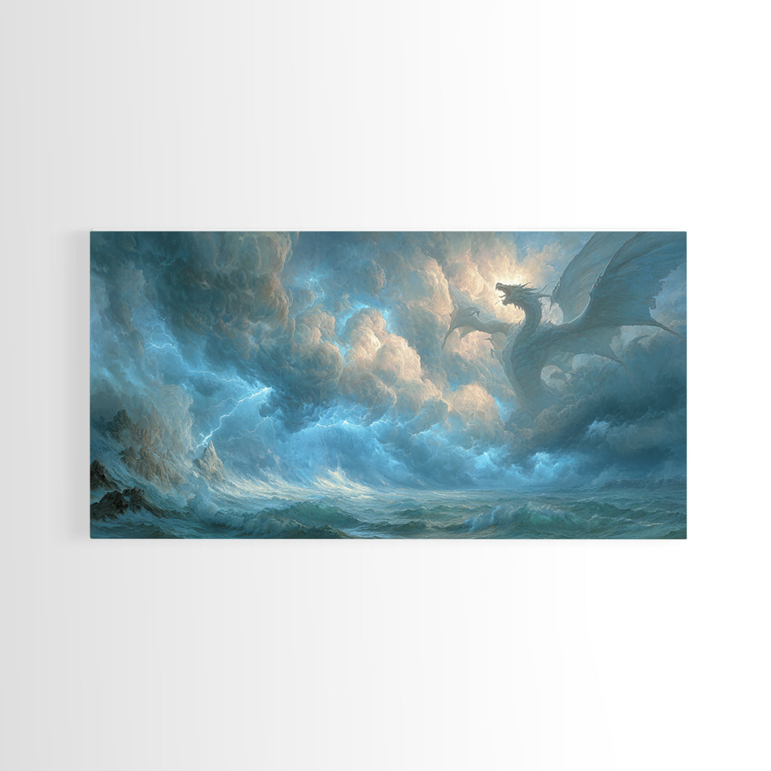 Storm Dragon Above Raging Ocean Canvas Print, Epic Fantasy Wall Art, Moody Seascape Decor For Living Room And Office Decor
