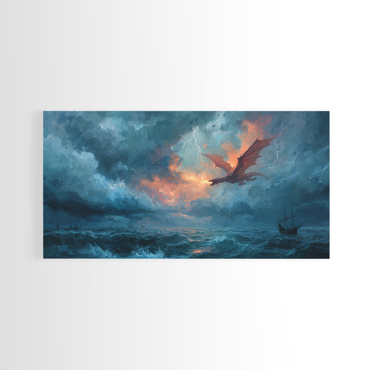 Storm Dragon Flying Over Ocean Ship Canvas Print, Fantasy Wall Art, Nautical Seascape Decor, Dramatic Coastal Art, Gift For Him