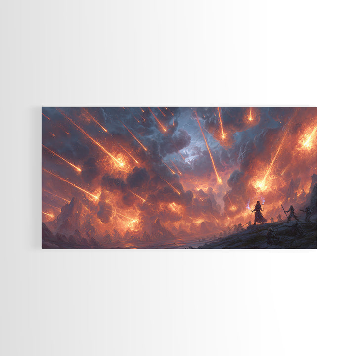 Meteor Storm Apocalypse Canvas Print, Fiery Fantasy Battlefield Scene, Dark Fantasy Art, Gaming Room Decor, Statement Wall Art