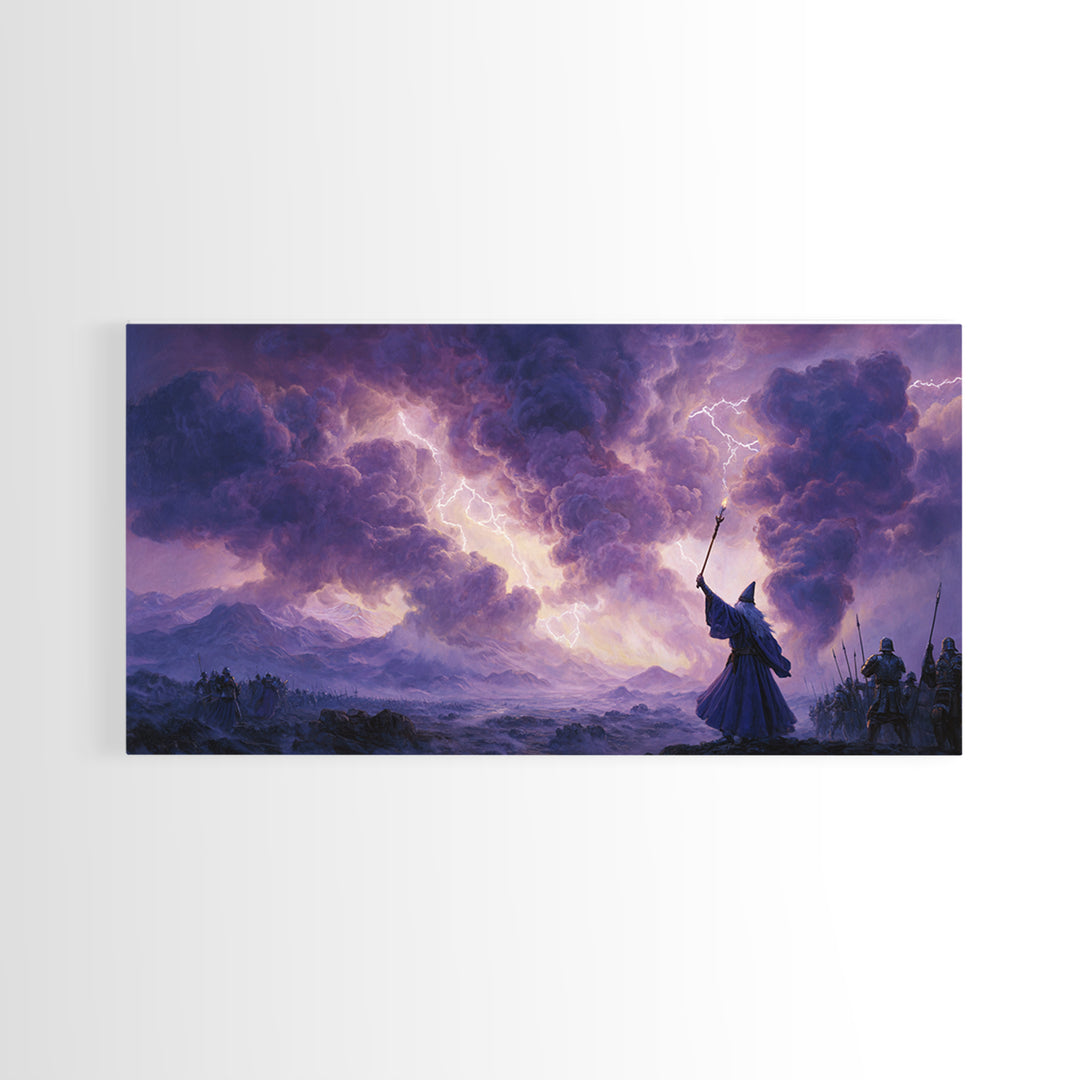 Wizard Lightning Storm Canvas Print, Epic Fantasy Wall Art, Dark Magic Battle Scene, Dramatic Landscape Decor For Game Room