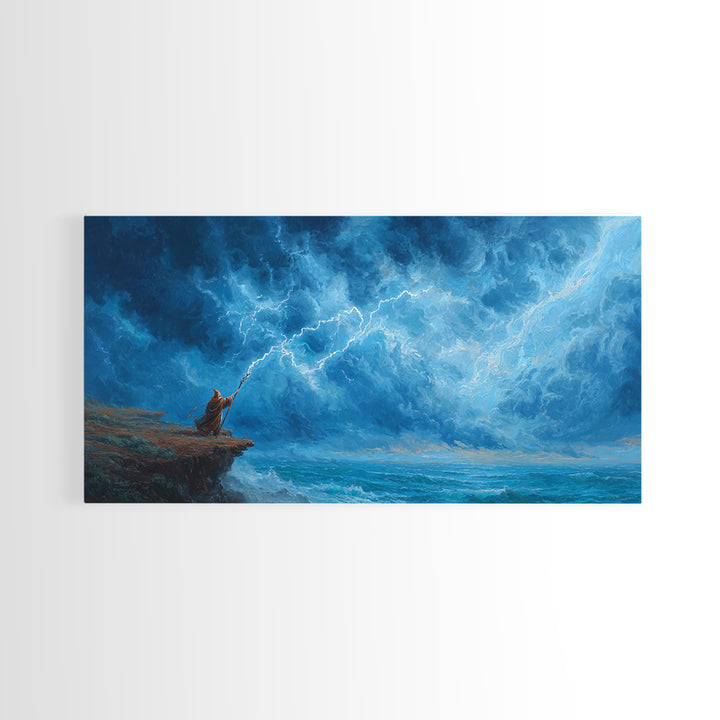 Lone Mage Facing Lightning Storm Wall Art, Fantasy Seascape Canvas, Blue Ocean Painting, Dramatic Large Wall Decor For Him