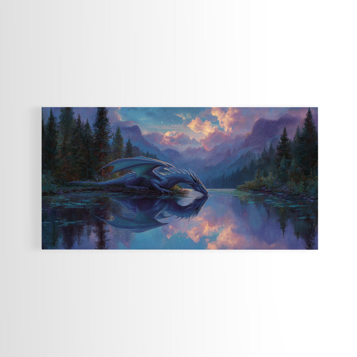 Blue Dragon Resting By Moonlit Lake Canvas Print, Fantasy Wildlife Art Print, Mystical Mountain Decor For Nursery Or Bedroom