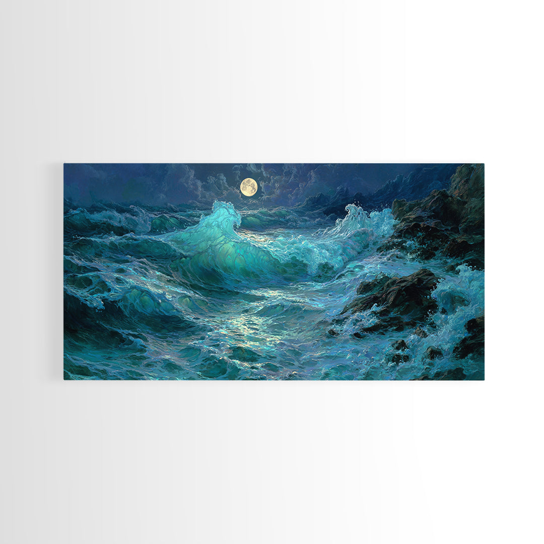 Moonlit Turquoise Ocean Waves Canvas Print, Coastal Wall Art, Seascape Painting, Nautical Decor, Moody Beach House Gift Idea