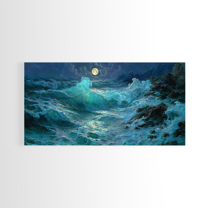 Moonlit Turquoise Ocean Waves Canvas Print, Coastal Wall Art, Seascape Painting, Nautical Decor, Moody Beach House Gift Idea
