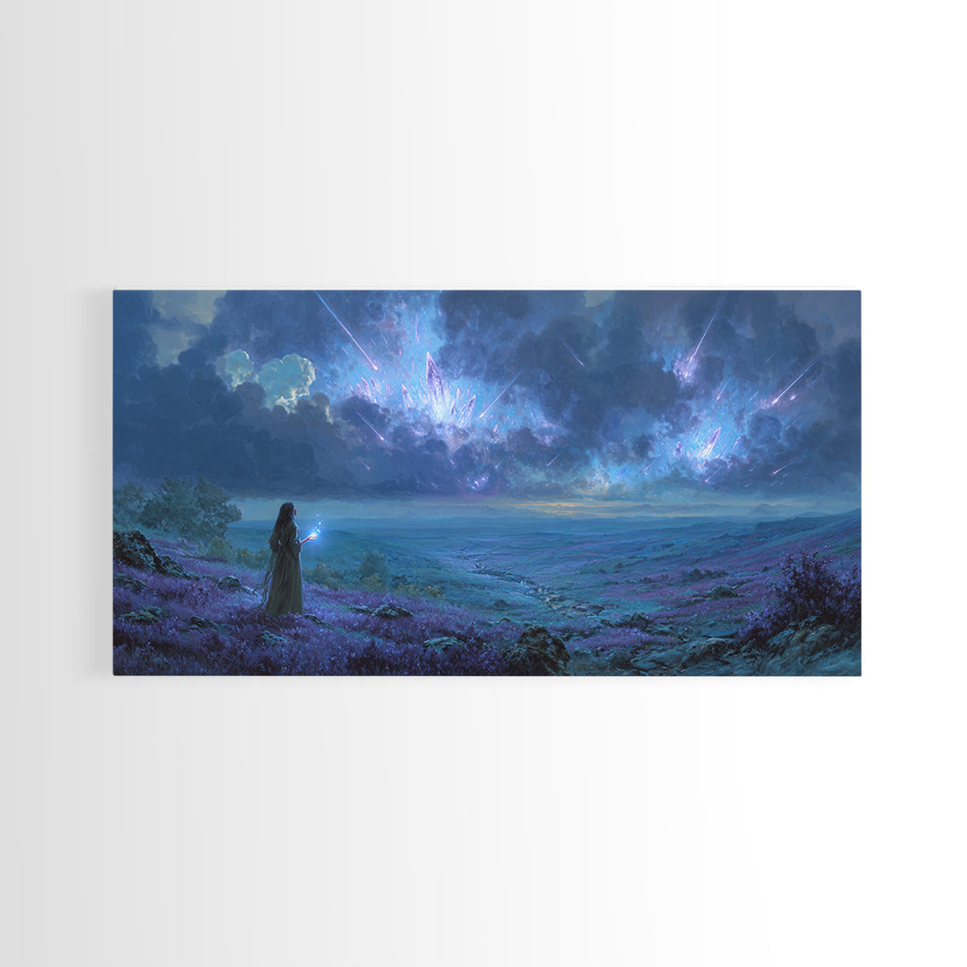 Cosmic Sorceress Under Meteor Sky Wall Art, Fantasy Landscape Canvas, Celestial Space Decor, Mystical Blue Home Decor Gift