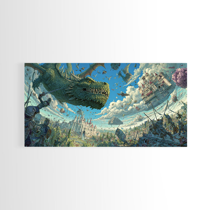 Skyborne Dragon Over Floating Castle Canvas Print, Whimsical Fantasy Wall Art, Surreal Art Print, Kids Room Decor, Nursery Decor