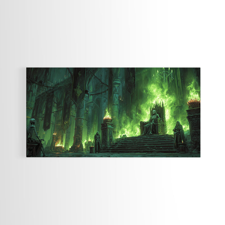 Emerald Gothic Throne Room With Skeletons Canvas Print, Dark Fantasy Art, Moody Wall Decor, Surreal Statement Art For Living Room