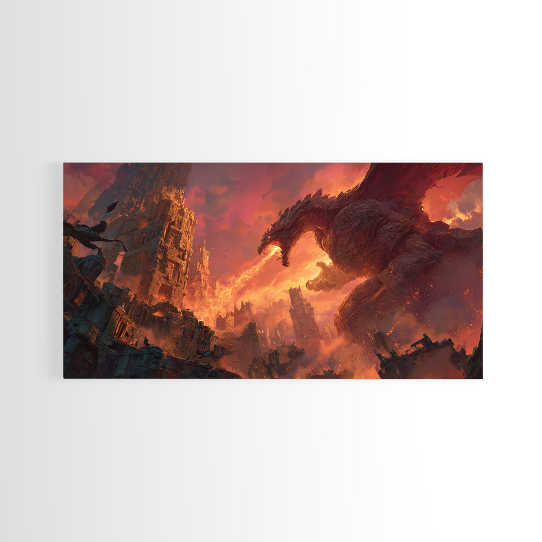 Fire Breathing Dragon Over Ruined City Canvas Print, Dark Fantasy Wall Art, Apocalyptic Decor, Gaming Room Statement Art