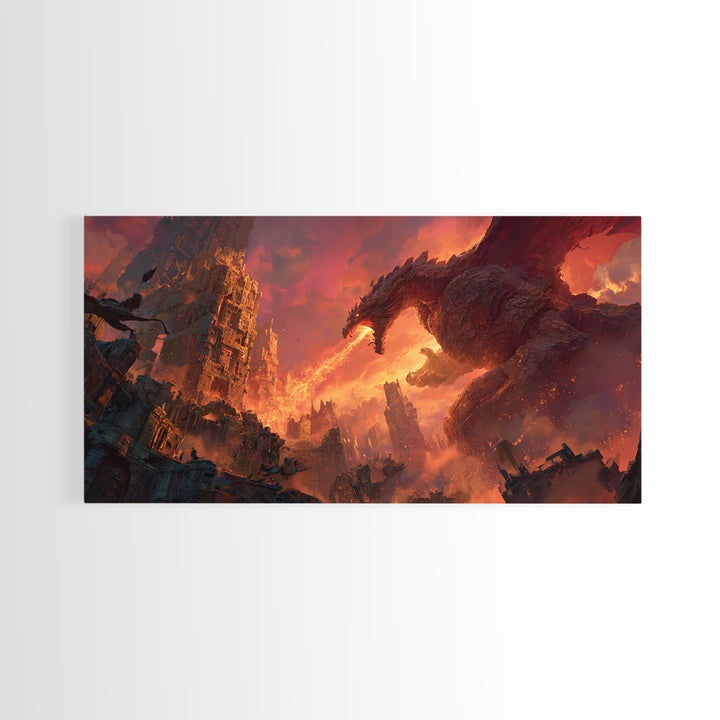 Fire Breathing Dragon Over Ruined City Canvas Print, Dark Fantasy Wall Art, Apocalyptic Decor, Gaming Room Statement Art