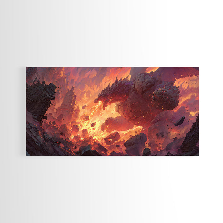 Fire Dragon Rising From Ruins Wall Art, Dark Fantasy Canvas Print, Epic Mythical Decor For Gamer Room And Statement Wall
