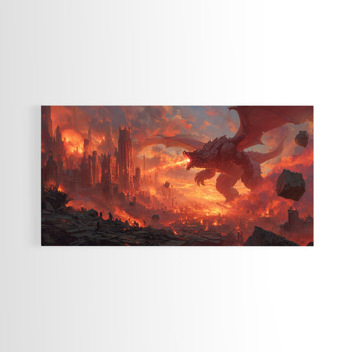 Fire Breathing Dragon Over Burning City Canvas Print, Dark Fantasy Wall Art, Epic Gothic Decor, Gaming Room Gift For Him