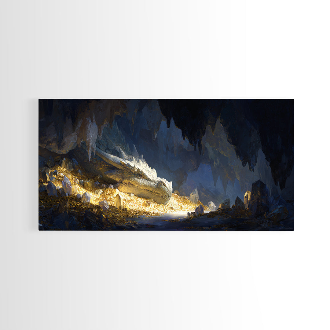 Sleeping Dragon In Golden Cave Wall Art, Fantasy Canvas Print, Mythical Creature Decor, Dark Academia Home Decor, Gift For Him