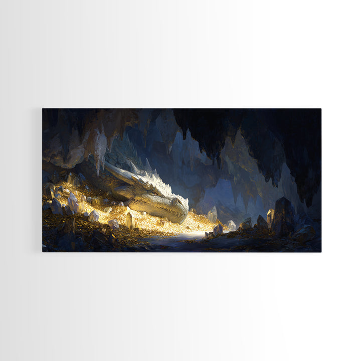 Sleeping Dragon In Golden Cave Wall Art, Fantasy Canvas Print, Mythical Creature Decor, Dark Academia Home Decor, Gift For Him