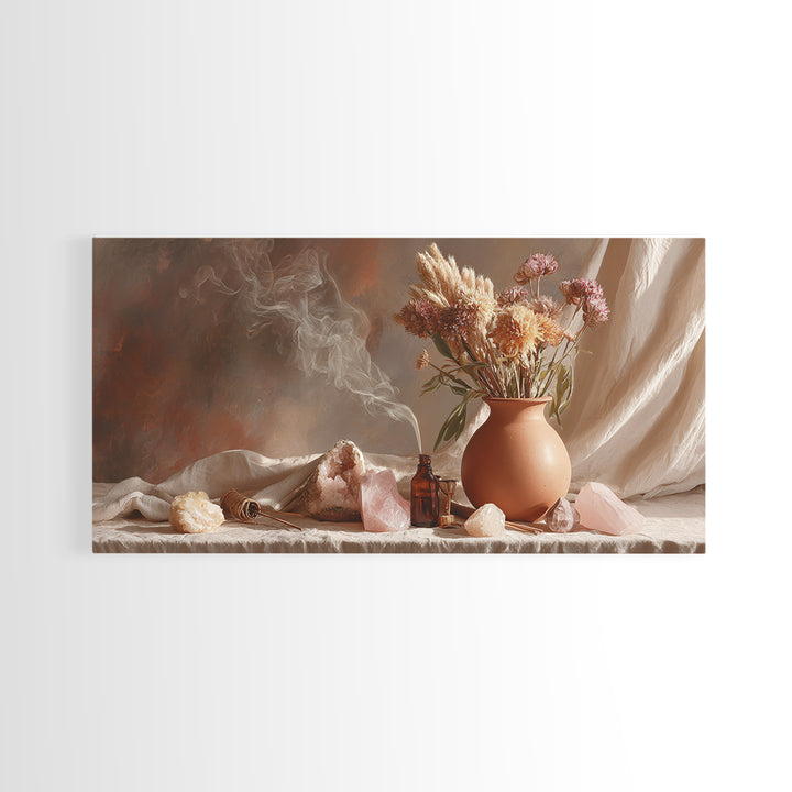 Dried Flowers And Rose Quartz Still Life Wall Art, Boho Apothecary Decor, Neutral Botanical Canvas Print, Gift For Her, Modern Home Decor