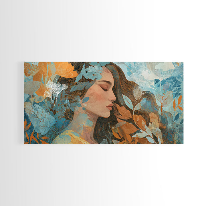Serene Woman With Blue Botanicals Canvas Print, Abstract Floral Portrait, Modern Wall Art For Living Room Decor, Gift For Her