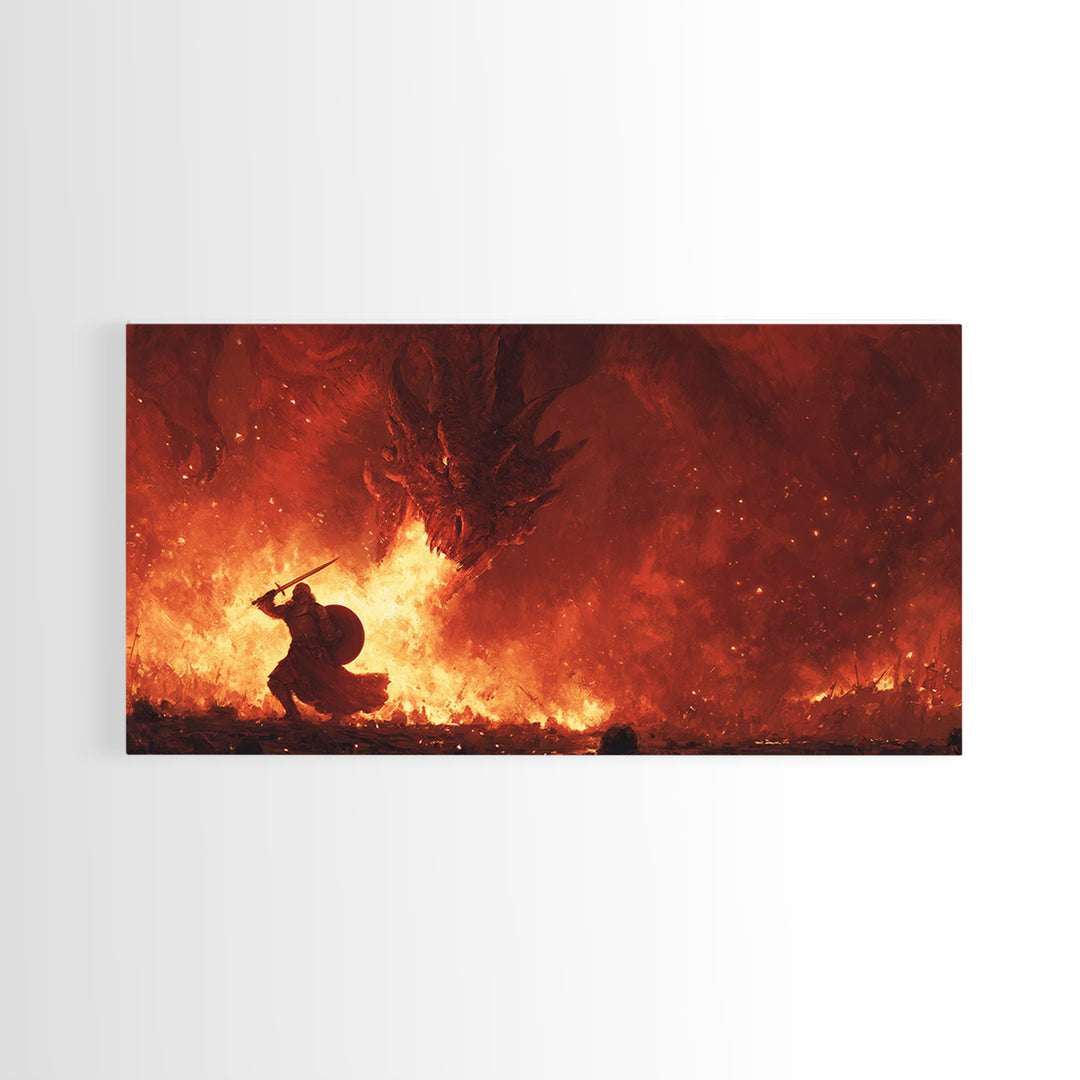 Dragon Fire Battle Canvas Print, Epic Fantasy Wall Art, Warrior Vs Dragon Painting, Dark Fantasy Home Decor Gift For Gamer Room