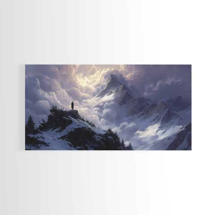 Stormy Snow Mountain Landscape Wall Art, Dramatic Alpine Canvas Print, Moody Nature Decor, Adventure Gift For Him, Living Room Decor