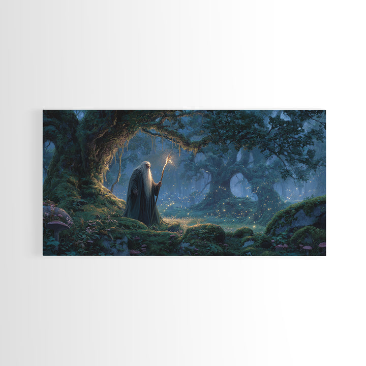 Wizard In Moonlit Enchanted Forest Canvas Print, Fantasy Wall Art, Magical Woodland Decor For Cozy Reading Nook Gift For Her