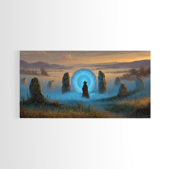 Mystic Portal Stone Circle Canvas Print, Blue Magical Landscape Wall Art, Fantasy Decor, Witchy Celestial Art Print Gift
