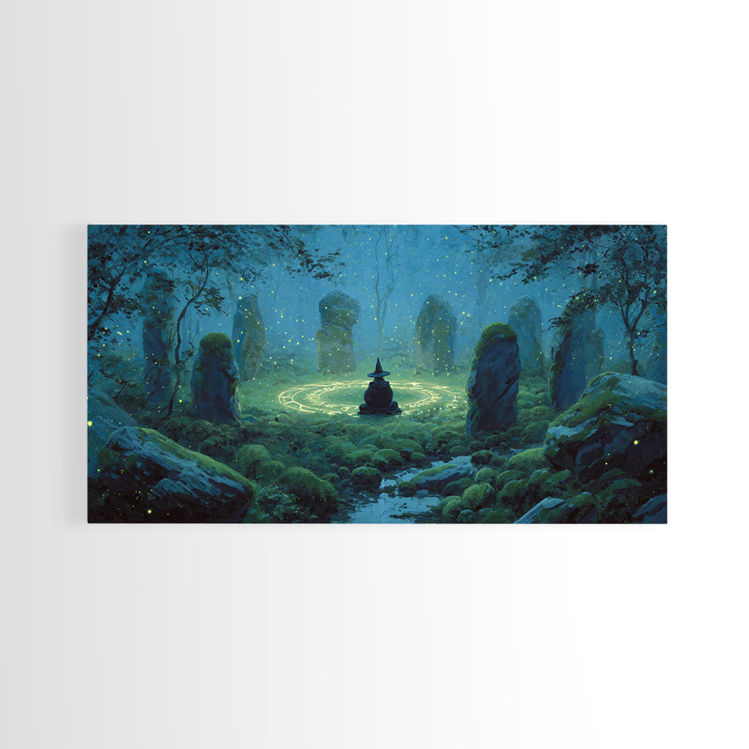 Glowing Stone Circle Witch In Enchanted Forest Canvas Print, Mystical Wall Art, Pagan Decor, Magical Nursery Art, Whimsical Home Decor