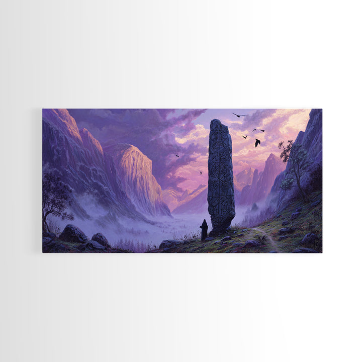 Ancient Rune Monolith Mountain Valley Canvas Print, Epic Fantasy Landscape Wall Decor, Purple Mist Adventure Art For Game Room