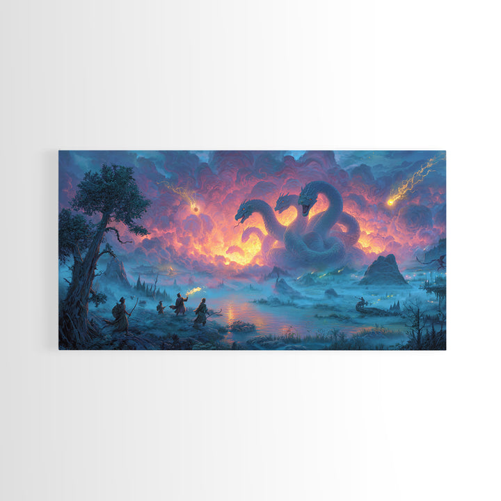 Three Headed Hydra Lake Wall Art, Epic Fantasy Canvas Print, Dragon Battle Decor, Mythical Creature Art For Game Room Decor