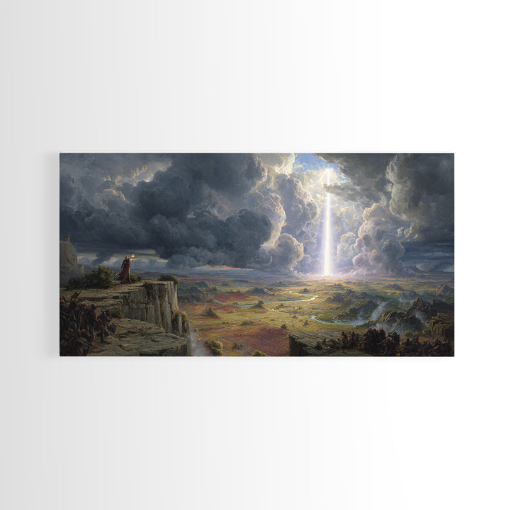 Divine Light Over Epic Battlefield Canvas Print, Fantasy Landscape Wall Art, Dark Academia Decor, Statement Artwork, Large Wall Art