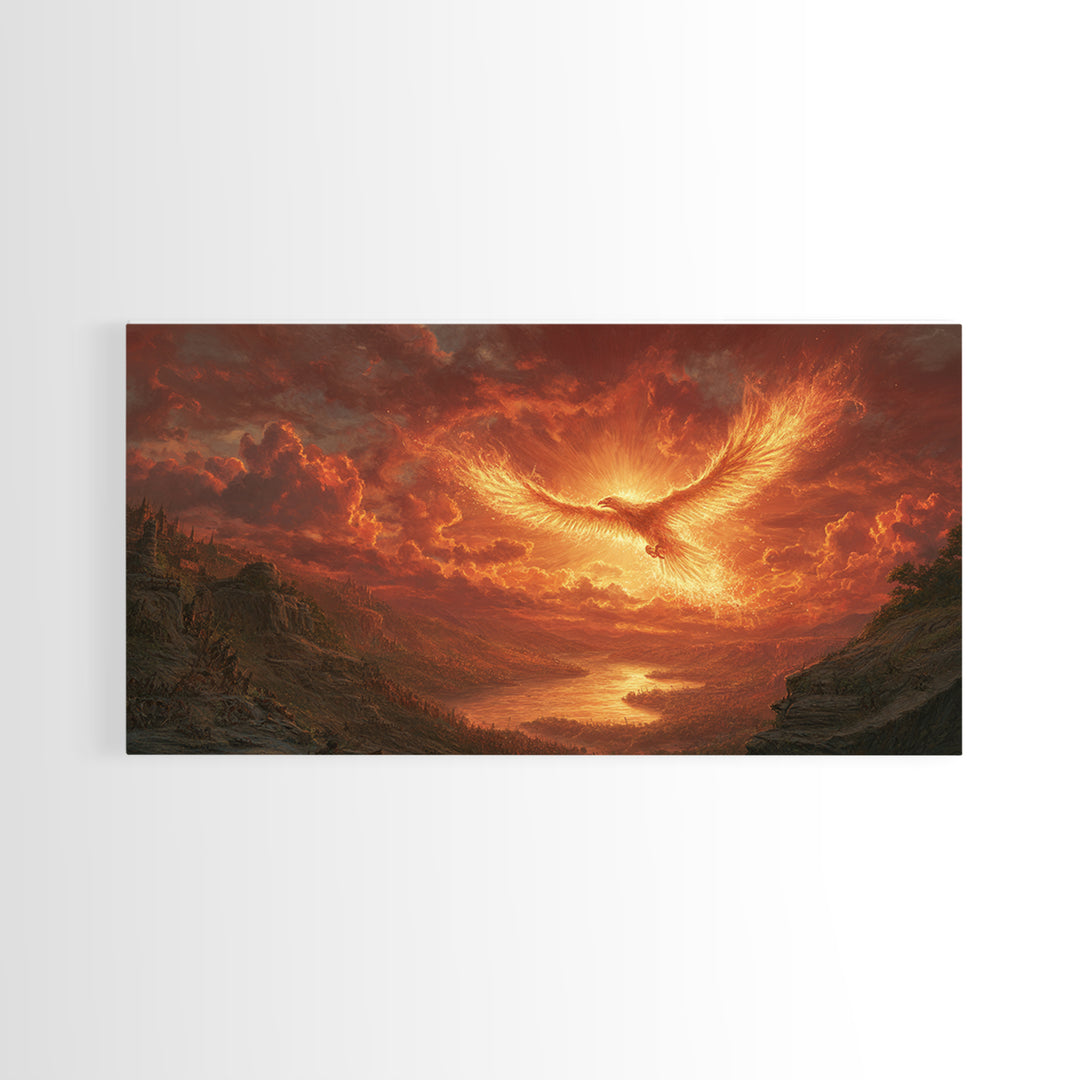 Fiery Phoenix Over Epic Valley Canvas Print, Fantasy Wall Art, Mythical Bird Painting For Gaming Room And Dramatic Home Decor