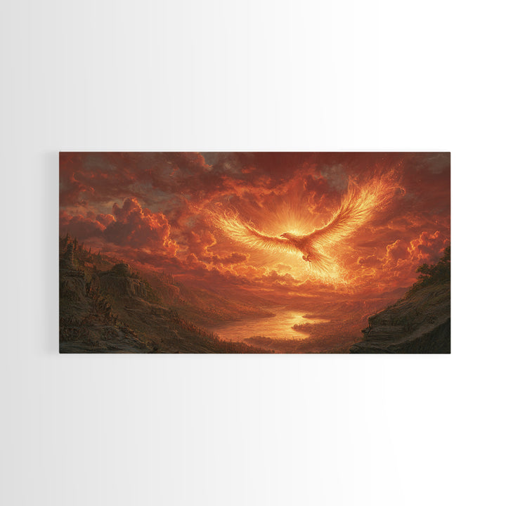 Fiery Phoenix Over Epic Valley Canvas Print, Fantasy Wall Art, Mythical Bird Painting For Gaming Room And Dramatic Home Decor