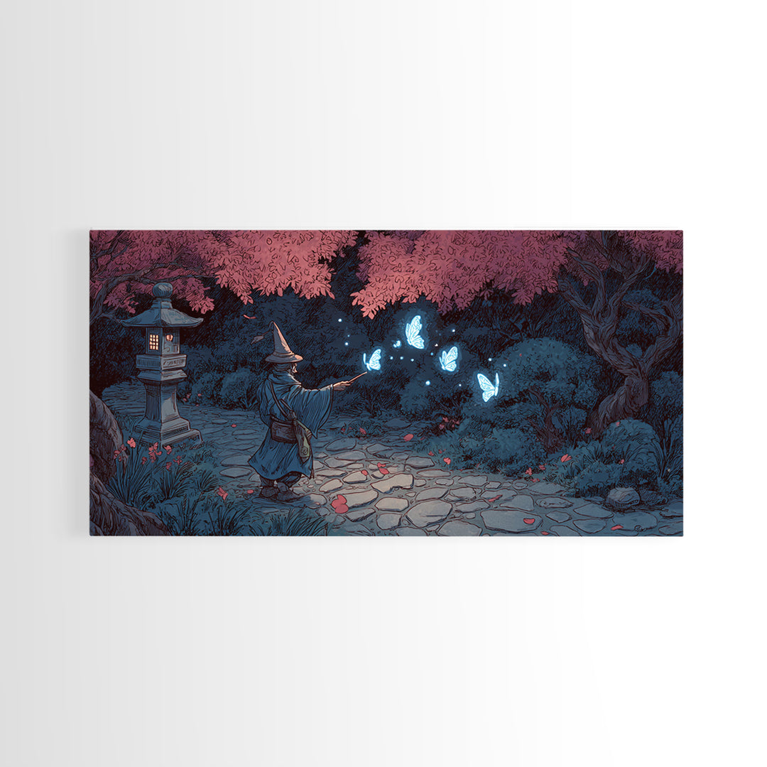 Wizard In Cherry Blossom Garden Wall Art, Magical Blue Butterfly Canvas Print, Japanese Fantasy Decor For Kids Room And Nursery