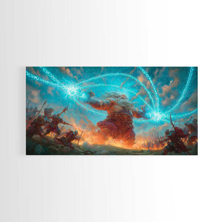 Giant Storm Mage Casting Lightning Canvas Print, Epic Fantasy Wall Art For Gaming Room Decor And Dramatic Statement Artwork