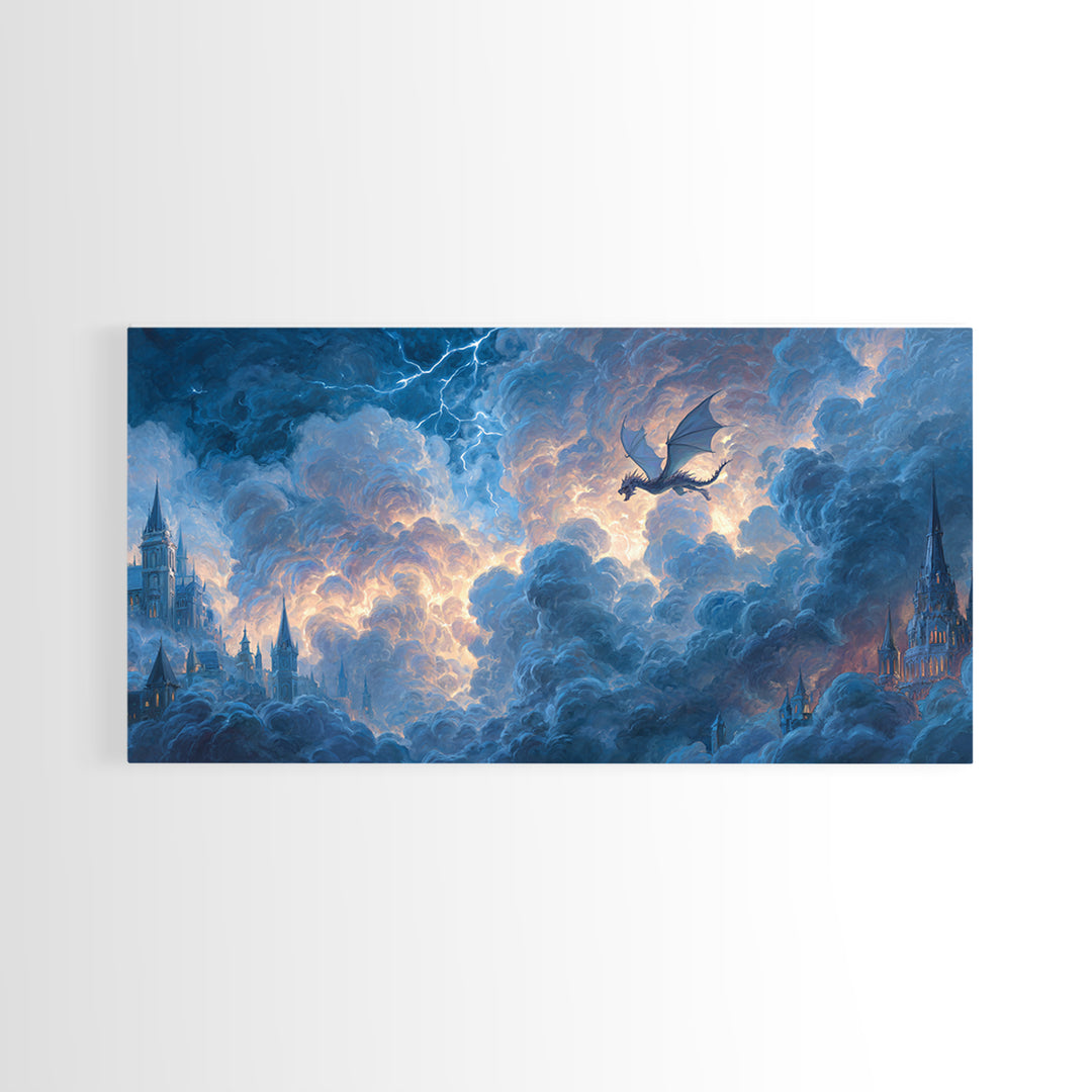 Storm Dragon Soaring Over Cloud Castles Framed Canvas Print, Fantasy Wall Art, Dramatic Sky Art, Medieval Home Decor, Gift For Him