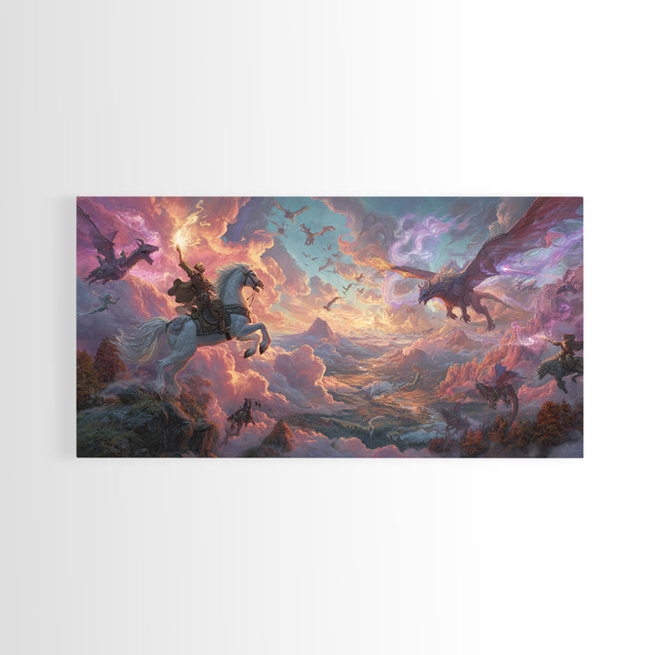 Knight And Dragons Battle Wall Art, Winged Fantasy Sky Canvas, Epic Medieval Adventure Decor, Large Mythical Art Print Gift