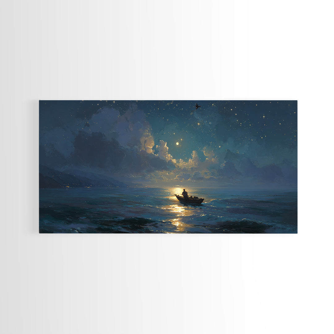 Moonlit Ocean Boat Under Starry Sky Wall Art, Celestial Seascape Canvas Print, Nautical Decor, Romantic Coastal Artwork Gift
