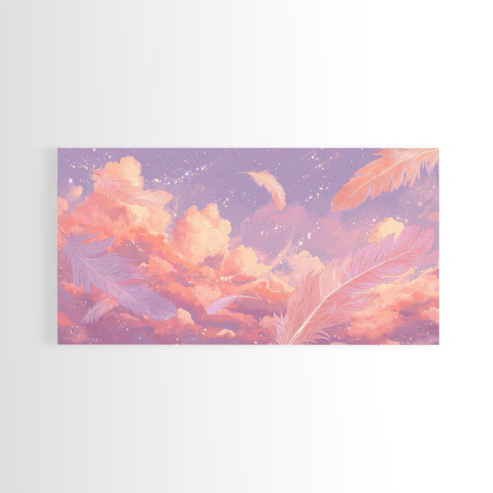 Peach Pink Cloudscape With Feathers Wall Art, Celestial Pastel Sky Canvas Print, Dreamy Nursery And Bedroom Decor, Gift For Her