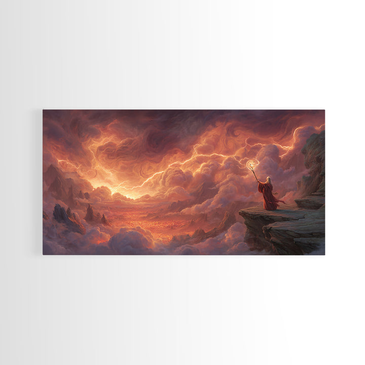 Wizard On Cliff Above Fiery Clouds Wall Art, Epic Fantasy Landscape, Mystical Magic Decor, Dramatic Canvas Print, Gift For Him