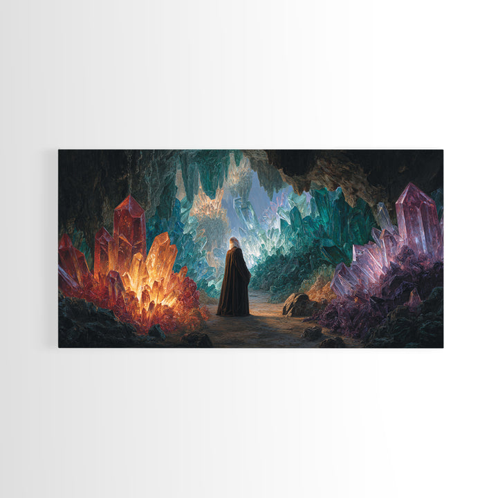 Glowing Crystal Cavern Wall Art, Fantasy Cave Canvas Print, Jewel Tone Decor, Mystical Landscape, Unique Gift For Her Decor