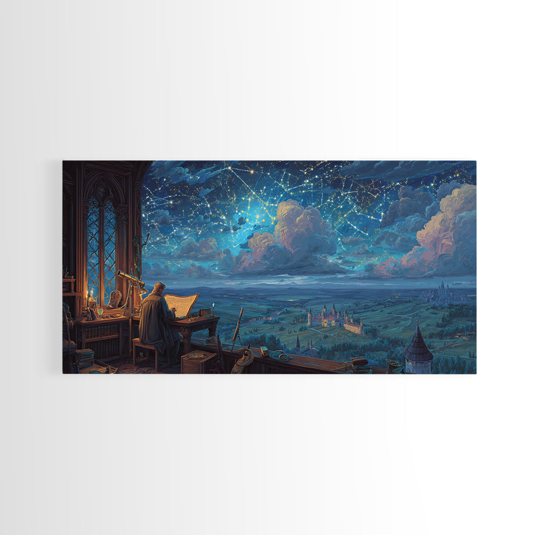 Scholar Studying A Starry Medieval Sky Wall Art, Gothic Library Decor, Fantasy Castle Landscape, Dark Academia Print, Book Lover Gift