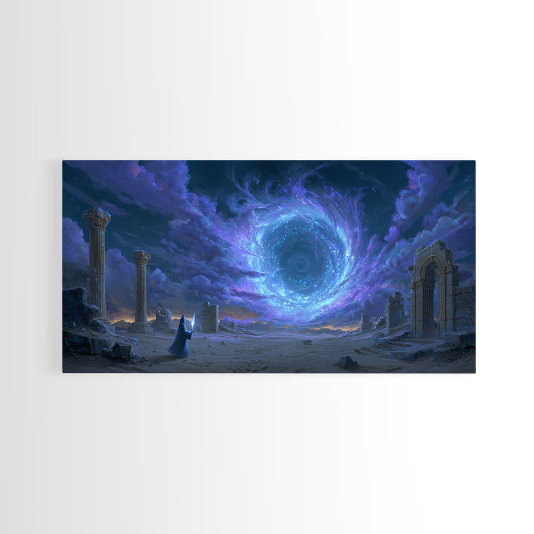 Wizard Portal Ruins Wall Art, Cosmic Vortex Fantasy Canvas, Mystical Dark Magic Decor, Surreal Landscape Art Print For Game Room