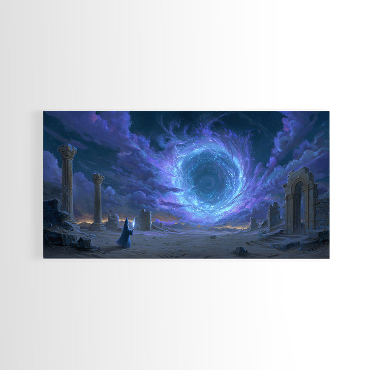 Wizard Portal Ruins Wall Art, Cosmic Vortex Fantasy Canvas, Mystical Dark Magic Decor, Surreal Landscape Art Print For Game Room