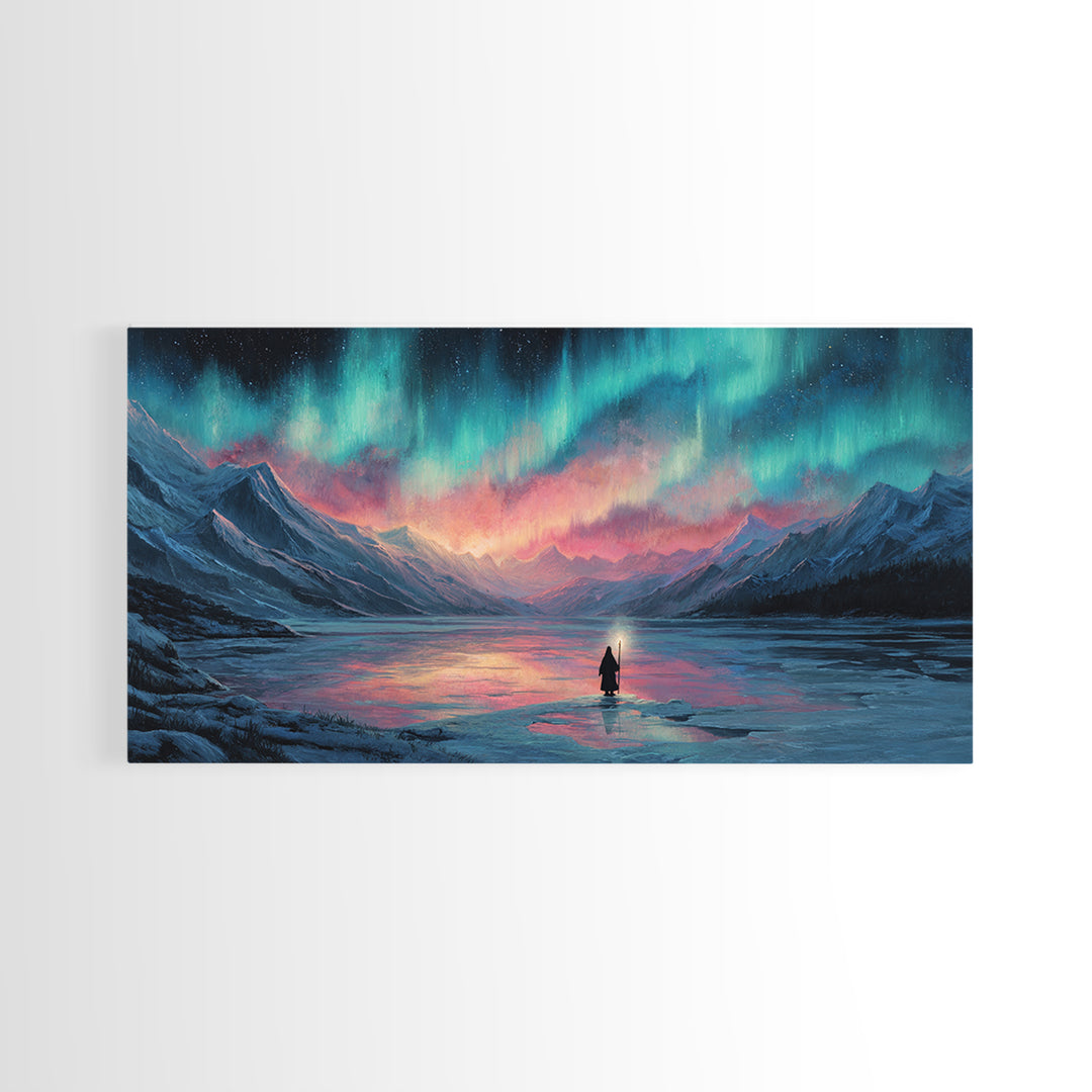 Northern Lights Over Mountain Lake Canvas Print, Aurora Wall Art, Peaceful Landscape For Cabin Decor And Above Bed Wall Decor