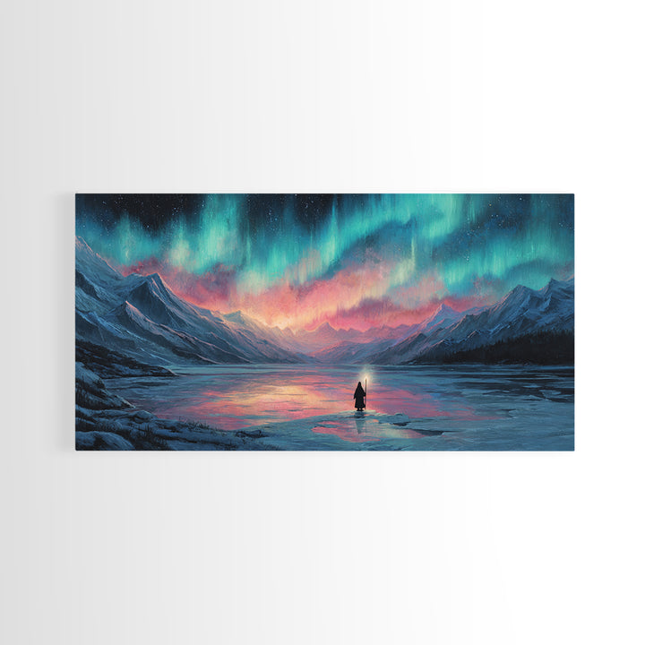 Northern Lights Over Mountain Lake Canvas Print, Aurora Wall Art, Peaceful Landscape For Cabin Decor And Above Bed Wall Decor